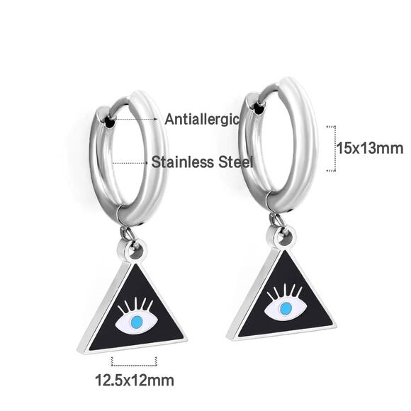 Evil Eye Triangle Hoop Earrings Stainless Steel Hypoallergenic - Picture 4 of 4